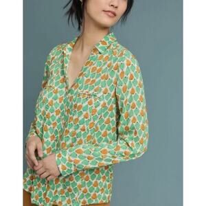 Anthropologie Conversations 11 of 52 Pear Print Button Down Shirt Top Green Sz 2